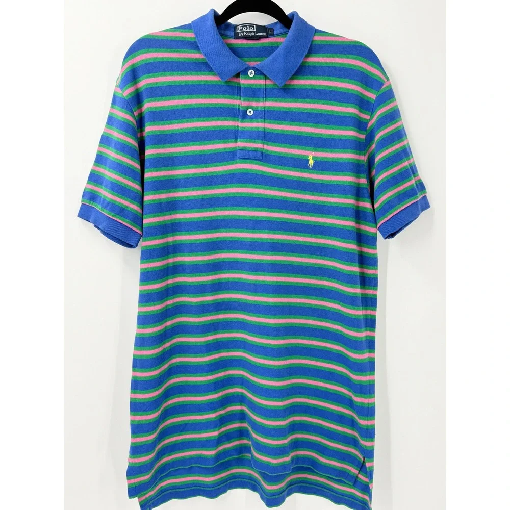 Vtg 90s Polo Ralph Lauren pique shirt Mens L Preppy Heritage Striped pink